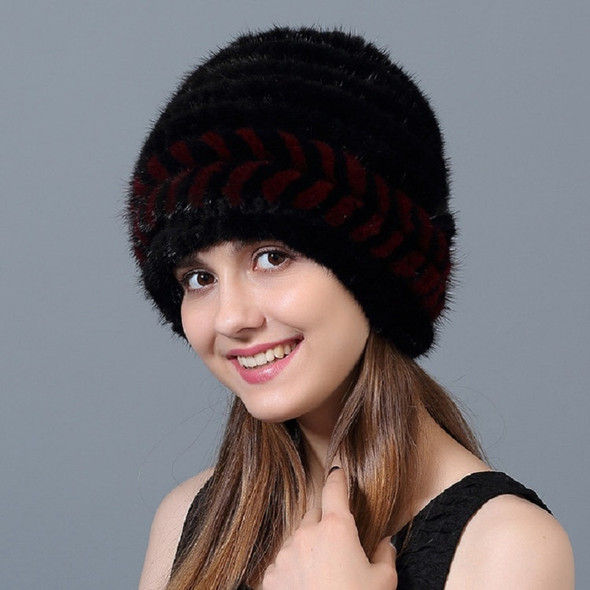 Black+Red Wine Women Winter Warm Bomber Hat Mink Fur Braided Hat, Size:Adjustable
