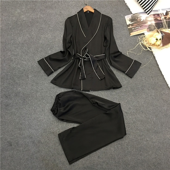 Bathrobe Pajamas Imitation Silk Pajamas Lapel Casual Silk Home Wear, Size:M(Black)