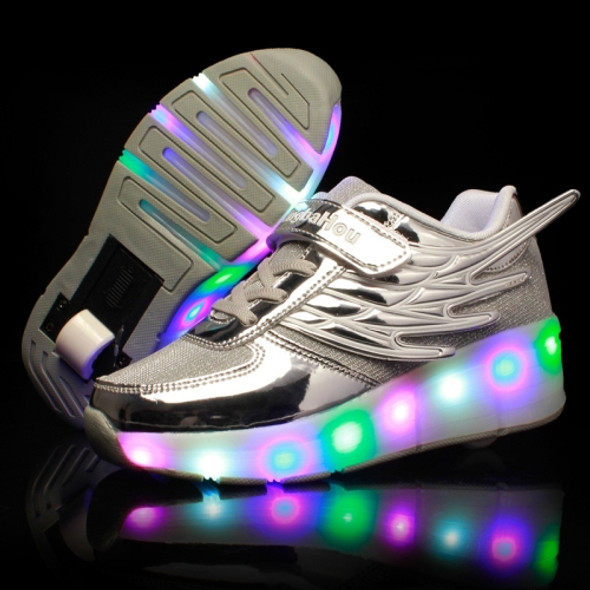 K03 LED Light Single Wheel Wing Mesh Surface Roller Skating Shoes Sport Shoes, Size : 30 (Silver)