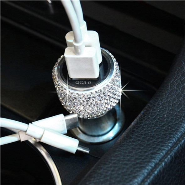Car Diamond Aluminium Alloy QC3.0 Dual USB Quick Charger(White)