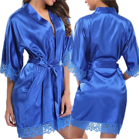 Half Sleeve Robe Women Faux Silk Pajama Sexy Night Dress, Size:XXL(Blue)