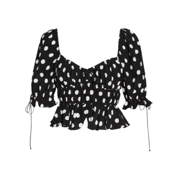 Western Style Wave Point Wild Short Paragraph Waist Super Fairy Chiffon Blouse (Color:Black Size:S)