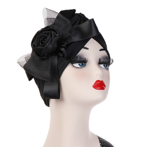 Flower Mesh Bow-knot Turban Hat Wrap Hat(Black)