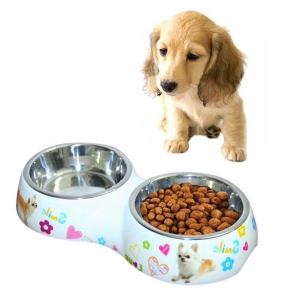 Stainless Steel Waterproof Detachable Double Bowls Printing Cartoon Pattern Cats and Dogs Pet Bowls, Size: S, 26*13.5*4.5 cm