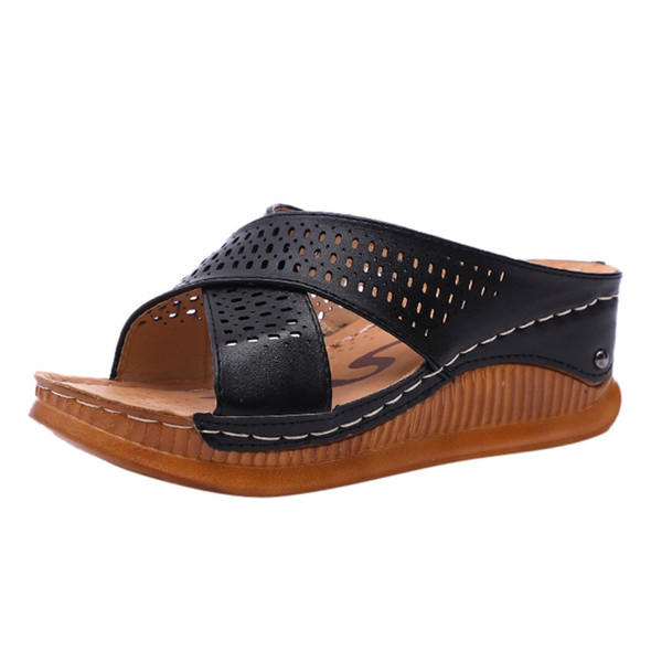 Thick-Bottomed Muffin Wedge Sandals, Shoe Size:35(Black)