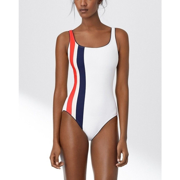 Color Striped One Piece Bikini Swimsuit (Color:White Red Size:L)