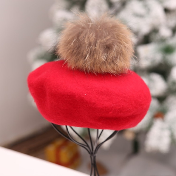 Women Retro Plush Ball Beret Loose Cashmere Beanie Hat, Size:One Size(Red)