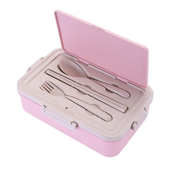Portable Weat Straw Lunch Boxes Bento Box With Compartments Tableware(Pink)