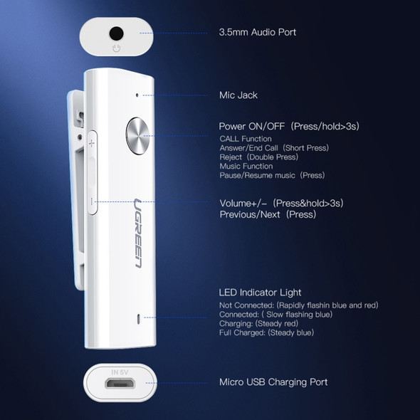 UGREEN CM110 3.5mm Jack Lavalier Aptx Bluetooth 4.2 Bilateral Stereo Audio Receiver Built-in Microphone