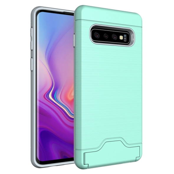 Ultra-thin TPU+PC Brushed Texture Shockproof Protective Case for Galaxy S10, with Holder & Card Slot (Mint Green)