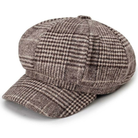 Autumn and Winter Retro Style Woolen Plaid Beret Octagonal Cap, Hat Size:58cm(Coffee)