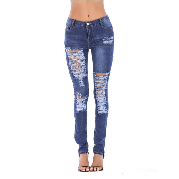 Ripped Denim Trousers (Color:Dark Blue Size:S)