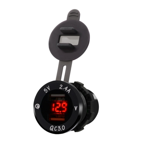 Universal Car QC3.0 Dual Port USB Charger Power Outlet Adapter 5V 2.4A IP66 with LED Digital Voltmeter(Red Light)