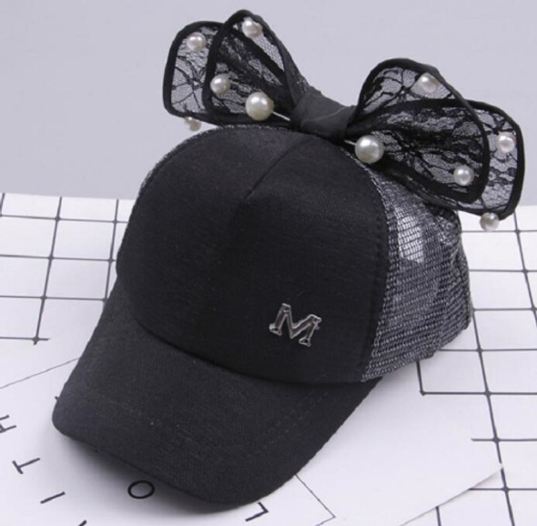 Spring Girls Pearl Lace Bow Decoration Hat Sun Hat, Size:Adults 54-60cm(Mesh Cap Black)