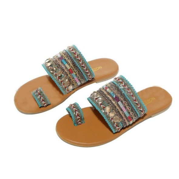 Handmade Open Toe Bohemian Flat Bottom Sandals, Size:36(Green)