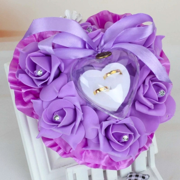 Heart-shaped Ring Box can Hang Simulation Foam Rose Ring Pillow Wedding Supplies(Purple)