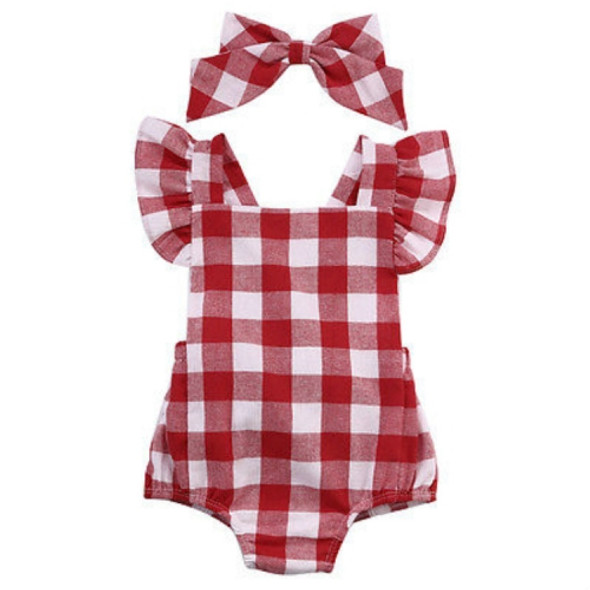 Baby Girls Plaid Jumpsuit Back Cross Bow-knot Romper, Kid Size:90CM(Red)