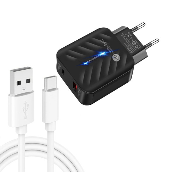 PD03 20W PD3.0 + QC3.0 USB Charger with USB to Type-C Data Cable, EU Plug(Black)