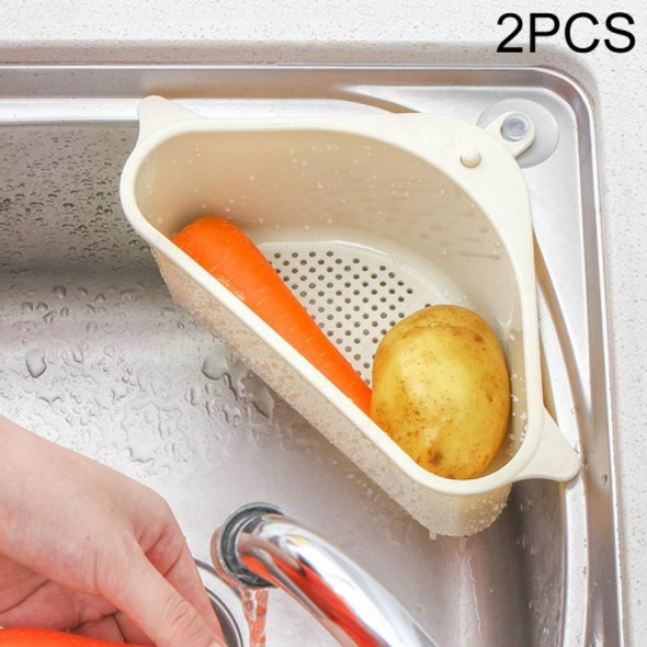 2 PCS Kitchen Vegetable Rack Household Sink Drain Rack Triangle Storage Hanger Free Punch Tray Hanging Basket(Beige)