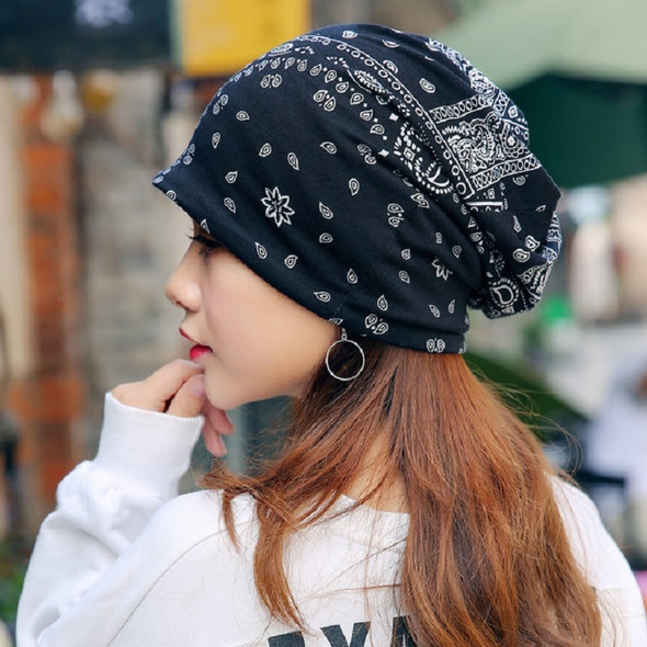 Autumn and Winter Ladies Cotton Flower Print Hat Windproof Warm Beanie, Size:50-60cm(Cashew Flower Black)