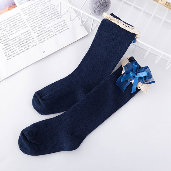 Lace Bow Princess Socks Cotton Girl High Knee Socks, Size:M(Deep Blue)