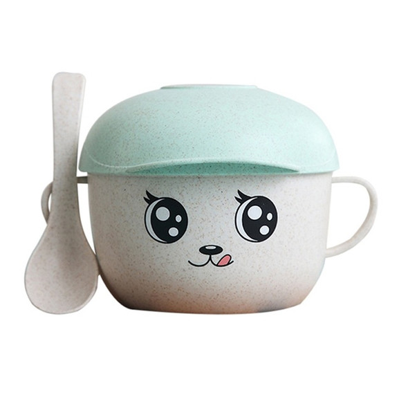 2 in 1 Cartoon Wheat Straw Bowl Spoon Set Heat Insulation Anti-hot Soup Noodle Bowl Baby Bowl Complementary Food Feeding Tableware, Specification:Without Ear(Green)