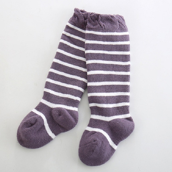 Children Baby Striped Thick Terry High Knee Stockings, Size:M(White Stripes on Purple)