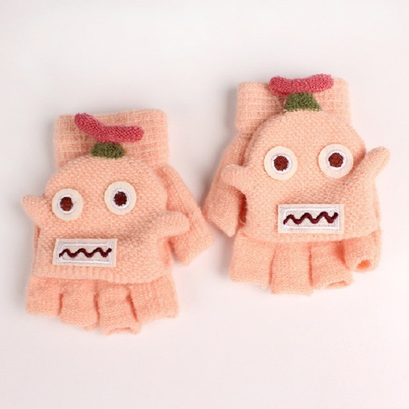 Winter Dual-use Cartoon Half Finger Flip Knitted Warm Children Gloves(Pink)