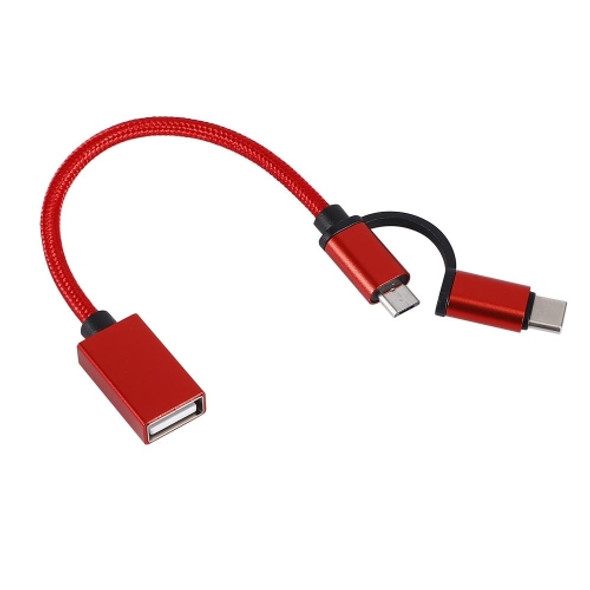 USB 3.0 Female to Micro USB + USB-C / Type-C Male Charging + Transmission OTG Nylon Braided Adapter Cable, Cable Length: 19cm(Red)