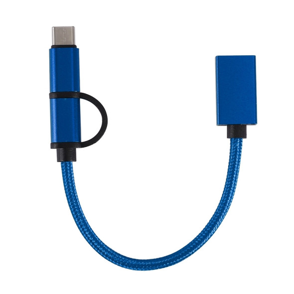 USB 3.0 Female to Micro USB + USB-C / Type-C Male Charging + Transmission OTG Nylon Braided Adapter Cable, Cable Length: 19cm(Blue)