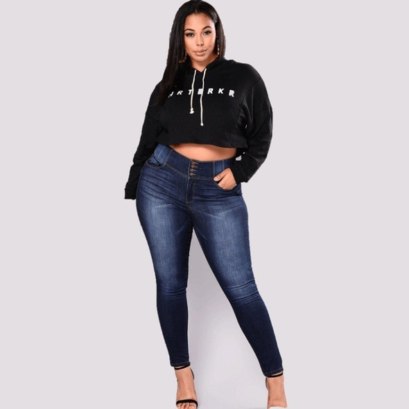 High Waist Breasted Plus Size Slim Stretch Denim Pants (Color:Dark Blue Size:XXL)