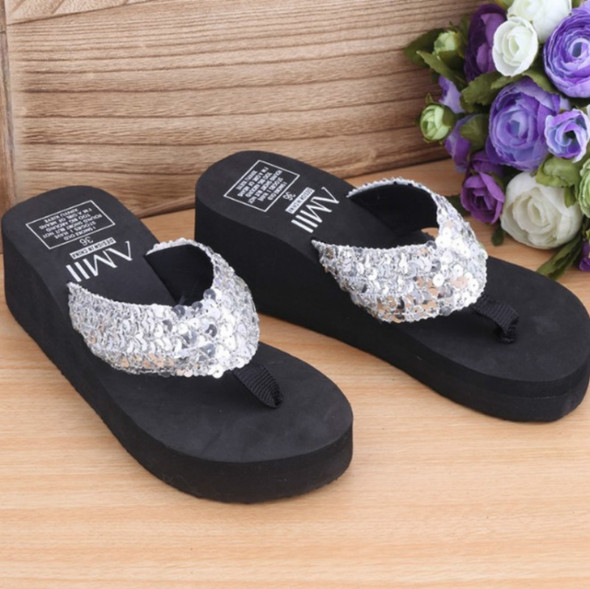 Sequin Slippers Wedge ith Flip Flops, Size:36(Sequin Silver)