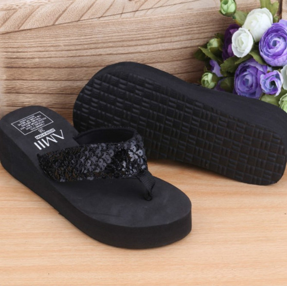 Sequin Slippers Wedge ith Flip Flops, Size:40(Sequin Black)