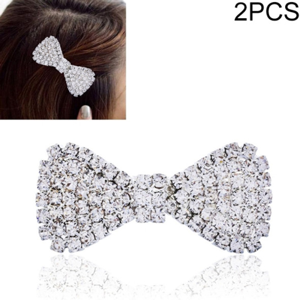 2 PCS  Fashion Women Crystal Rhinestone Hairpins Bow Knot Barrettes(Silver)