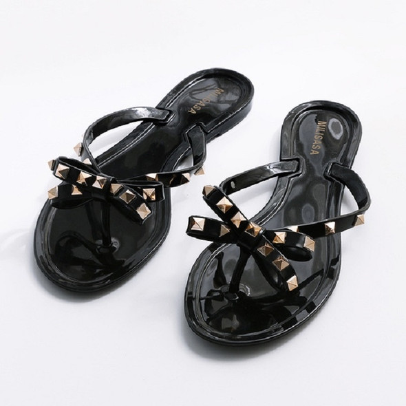 Women Flip-flops Rhinestones Bow Slip-on Flat Sandals, Size:38(Black)
