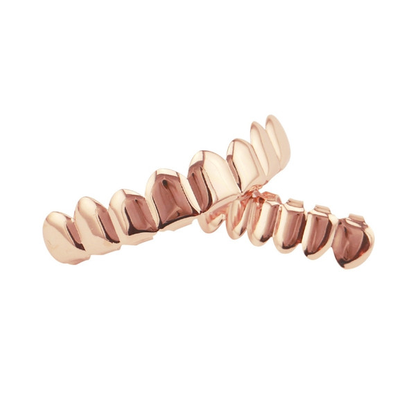 Hip Hop Accessories Gold Tooth Set Real Gold Plating Smooth Upper Eight Lower Six Denture Set(Rose Gold)