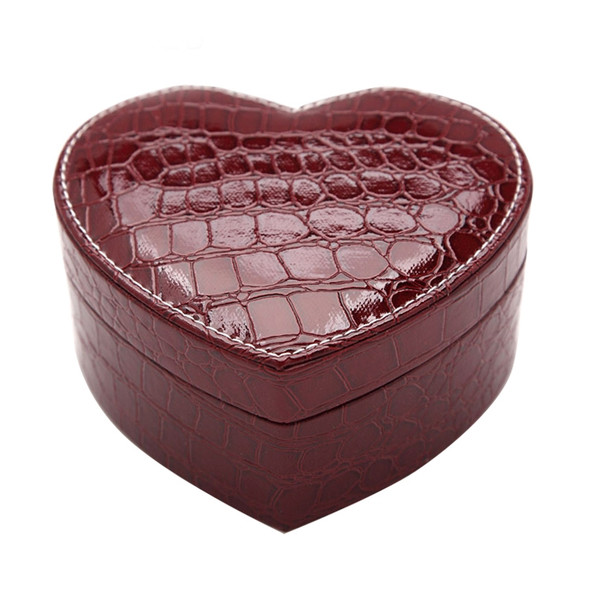 Two-layer Heart Shape Small Jewelry Box Synthetic Leather Rings and Earrings Mirrored Travel Storage Case(Purplish Red)