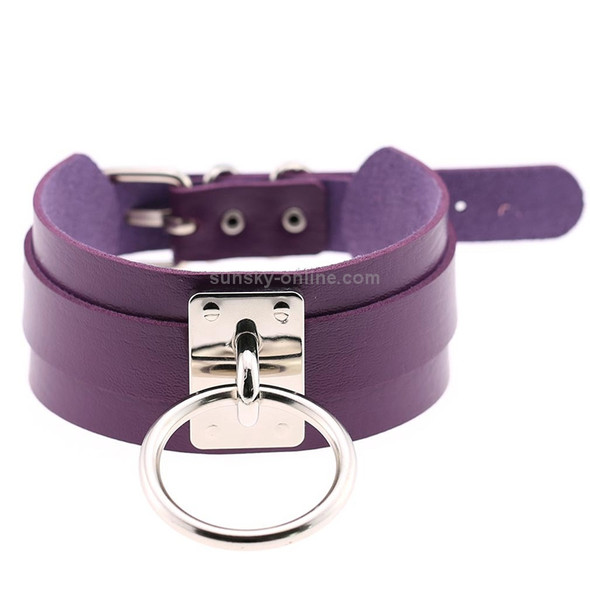 European and American Harajuku PU Leather Silver Single Ring Collar Wide Street-Snap Nightclub O-shaped Choker Necklace(Purple)