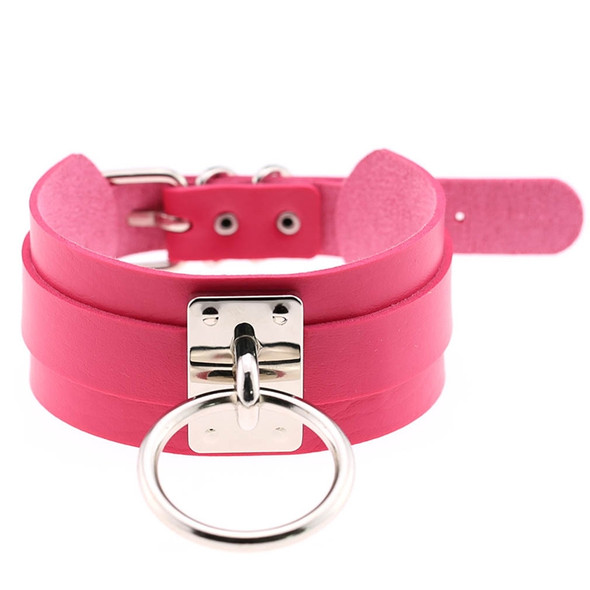 European and American Harajuku PU Leather Silver Single Ring Collar Wide Street-Snap Nightclub O-shaped Choker Necklace(Magenta)