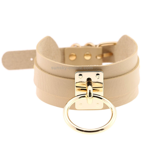 European and American Harajuku PU Leather Gold Single Ring Collar Wide Street-Snap Nightclub O-shaped Choker Necklace(Khaki)
