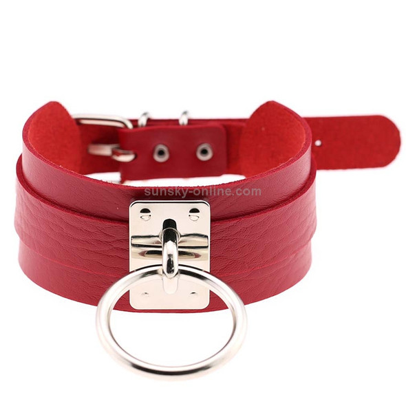 European and American Harajuku PU Leather Silver Single Ring Collar Wide Street-Snap Nightclub O-shaped Choker Necklace(Red)