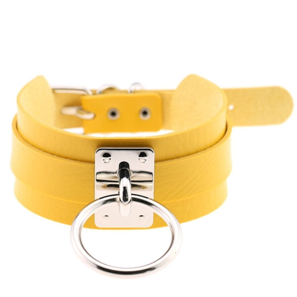 European and American Harajuku PU Leather Silver Single Ring Collar Wide Street-Snap Nightclub O-shaped Choker Necklace(Yellow)