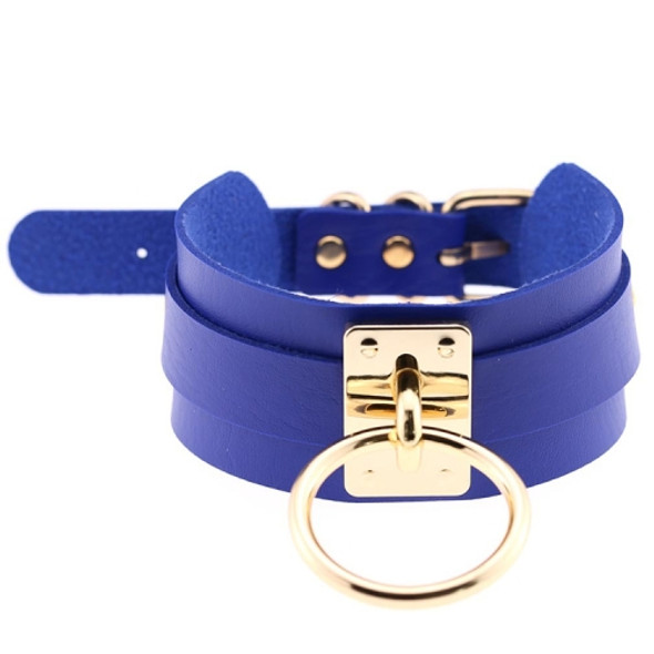 European and American Harajuku PU Leather Gold Single Ring Collar Wide Street-Snap Nightclub O-shaped Choker Necklace(Blue)