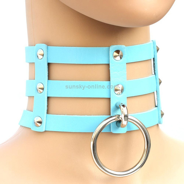Harajuku Fashion Punk Gothic Rivets Collar Hand 3-rows Caged Leather Collar Necklace(Baby Blue)