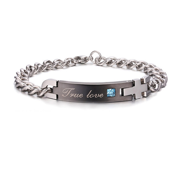 Valentines Day Gift Creative Trendy Titanium Steel Couple Bracelet for Woman, Engraved Words Style (Black + Blue)