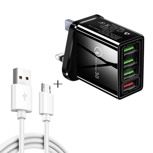 2 in 1 1m USB to Micro USB Data Cable + 30W QC 3.0 4 USB Interfaces Mobile Phone Tablet PC Universal Quick Charger Travel Charger Set, UK Plug(Black)