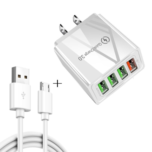 2 in 1 1m USB to Micro USB Data Cable + 30W QC 3.0 4 USB Interfaces Mobile Phone Tablet PC Universal Quick Charger Travel Charger Set, US Plug(White)