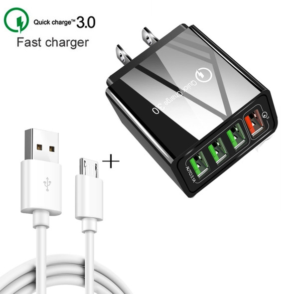2 in 1 1m USB to Micro USB Data Cable + 30W QC 3.0 4 USB Interfaces Mobile Phone Tablet PC Universal Quick Charger Travel Charger Set, US Plug(White)