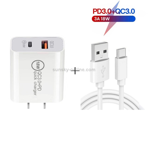 SDC-18W 18W PD 3.0 Type-C / USB-C + QC 3.0 USB Dual Fast Charging Universal Travel Charger with USB to Type-C / USB-C Fast Charging Data Cable, US Plug