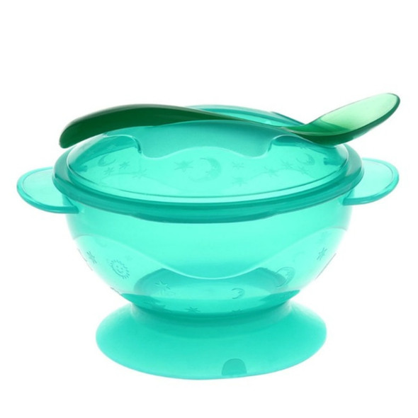 3 PCS Baby Non-Slip Double Ear Suction Wall With Lid With Spoon Training Bowl(Green)
